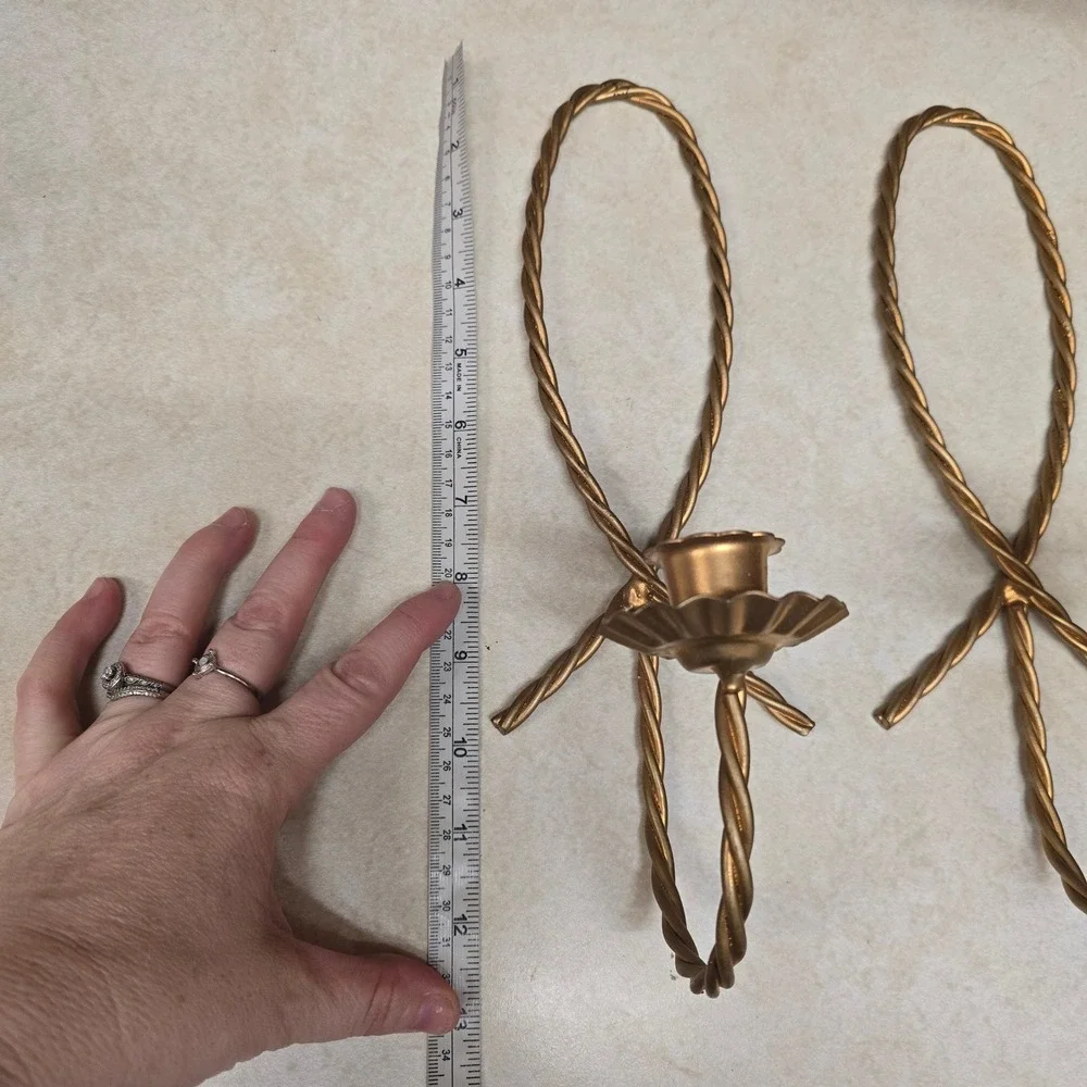 Vtg Gold Metal Twisted Rope Bow Wall Sconce Candle Holder Pair Hollywood Regency